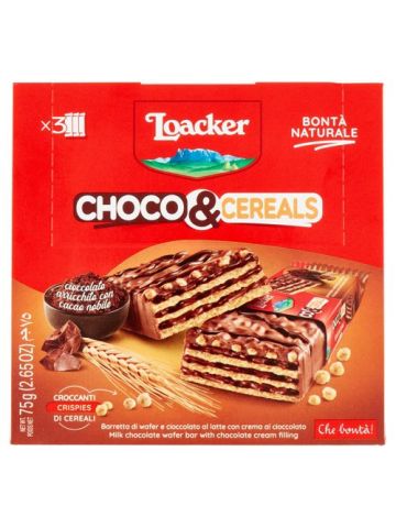 Loacker Choco & Cereals Barretta di wafer e cioccolato al latte con crema al cioccolato 3 x 25 g | Home Essential